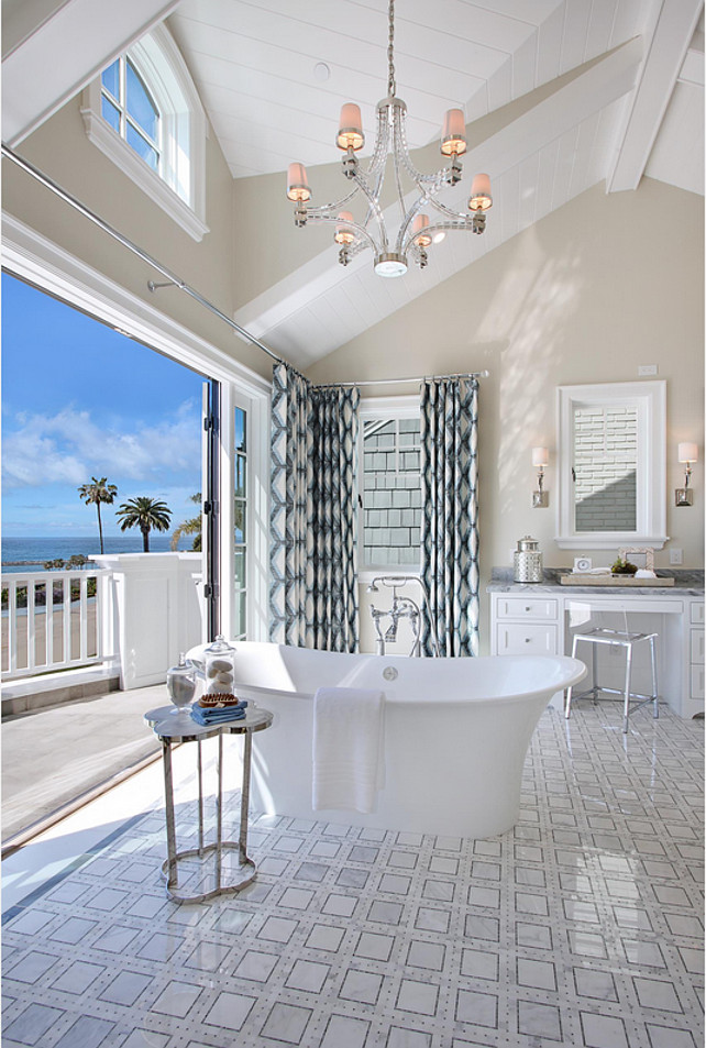 Bathroom Ideas. Coastal bathroom with Victoria & Albert Toulouse freestanding Bathtub., Side table is the Clover Table from Home Crush. Visual Comfort CHC1530PN-NP Chart House 6 Light Large Crystal Cube Chandelier. #Bathroom #BathroomIdeas #CoastalInteriors Spinnaker Development.
