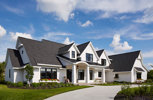 White Exterior Color Scheme: White Exterior Paint Color. White Exterior Siding Paint Color. The roofing shingles are Timberline HD Charcoal Shingles and the siding is Ultra White Cedar siding with Ebony windows, doors and trim. #HomeExterior #paintColor #Siding #WhiteHouse #WhiteExterior Martha O'Hara Interiors. 
