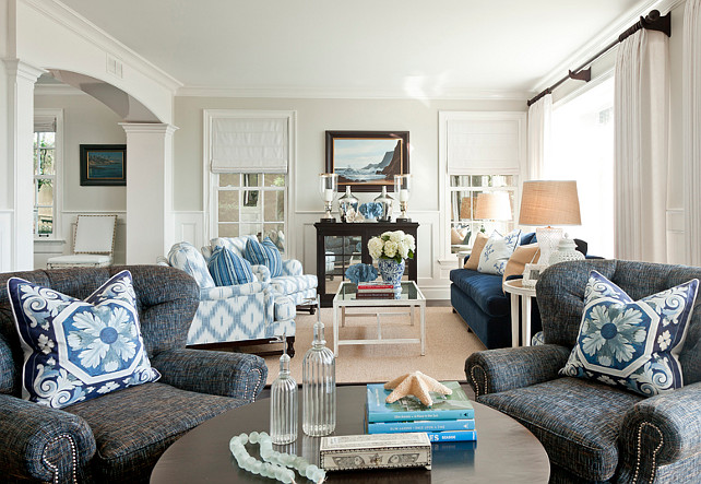 Living Room. Coastal Living Room. Blue and white Living Room. Living Room Ideas. Living Room Chairs. Living Room Sofa. Living Room Furniture Arrangement. Many of the fabrics in this living room are by Barclay Butera fabrics for Kravet.#LivingRoom
