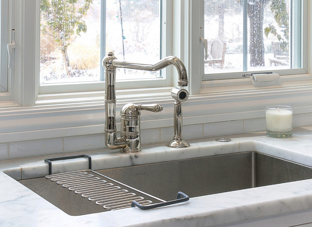 Kitchen Faucet. Kitchen faucet on marble countertop and stainless steel sink. Kitchen Faucet is Rohl Country Single Lever with Spray Kitchen Faucet in Satin Nickel. #Kitchen #Faucet #StainlessSteelSink #RohlFaucet 