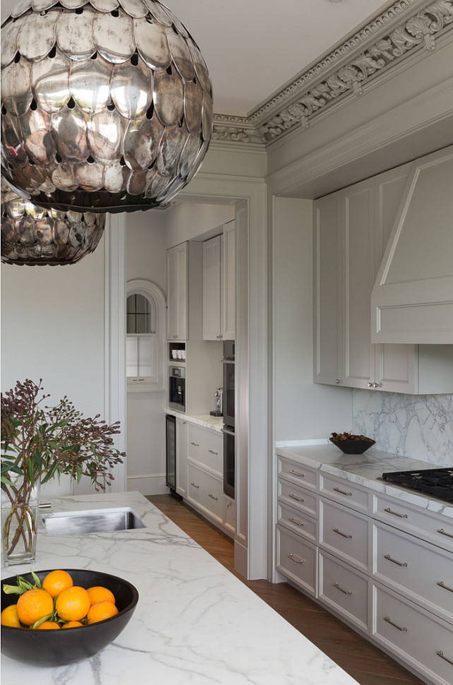 Kitchen Painted in Benjamin Moore Revere Pewter. Benjamin Moore Revere Pewter Kitchen Cabinet. Kitchen Revere Pewter. Kitchen with Soane Owl Lantern Pendant. #BenjaminMooreReverePewter #KitchenBenjaminMooreReverePewter 