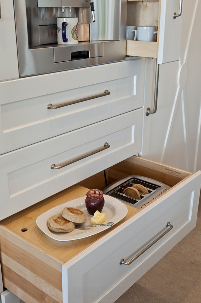 Kitchen Storage. The drawer in this kitchen stores toaster and bread. I would prefer it to the higher, but this is a neat idea. Kitchen Storage Ideas. Kitchen Storage Design Ideas. Kitchen Space Saver Ideas: To save space, a toaster is tucked into a drawer beside the breadbox. #KitchenStorage Anne Michaelsen Design.