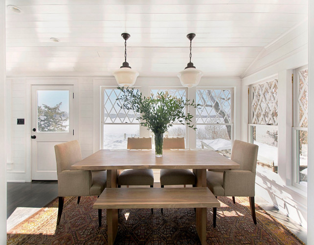 Dining Room. Dining Room Plank Walls. Dining Room Plank Ceiling. This dining room also features schoolhouse pendant lighting. #DiningRoom #PlankDiningRoom #PlankWalls #PlankCeiling #schoolhouselighting #schoolhousependant