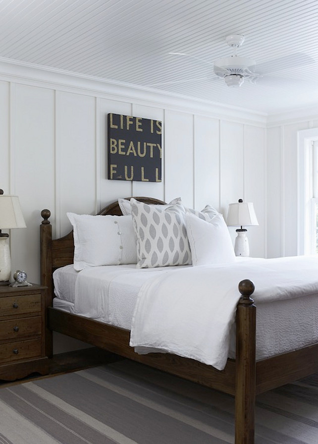Coastal Bedroom with Beadboard Ceiling and white batten and board paneled walls. Sugarboo Designs Antique Sign Life is Beauty Full art print. #Bedroom #Coastal #battenandboard #Beadboard #ceiling