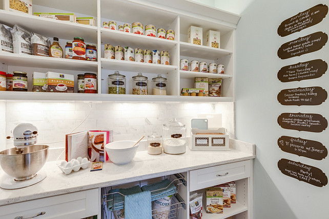 Pantry. Kitchen Pantry. Kitchen Pantry Ideas. Kitchen Pantry with chalk paint wall. This pantry features electrical outlets and a carrera countertop so you can prepare meals right at your pantry. #Pantry #KItchen #KitchenPantry