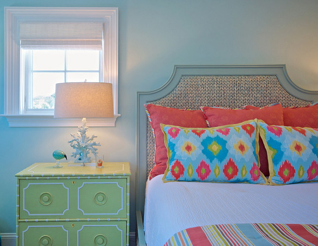 Bedroom. Colorful Coastal Bedroom Ideas. Blue bedroom with coastal decor and colorful accessories and bedding. #Bedroom #CoastalBedroom #CoastalDecor #BlueBedroom #ColorfulInteriors #ColorfulBedroom Cronk Duch Architecture.