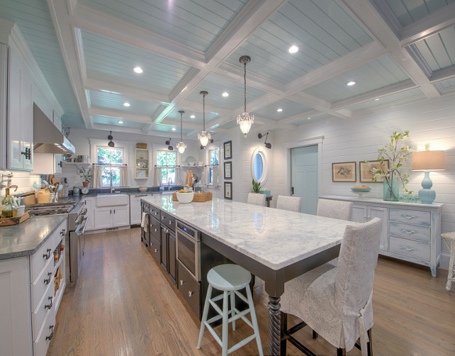 Blue Ceiling. Kitchen with blue ceiling. White kitchen with coffered and tongue and groove ceiling painted in light blue. #BlueCeiling #PaintedBlueCeiling #Kitchen #KithenBlueCeiling #LightBlueCeiling Sotheby's Homes. 