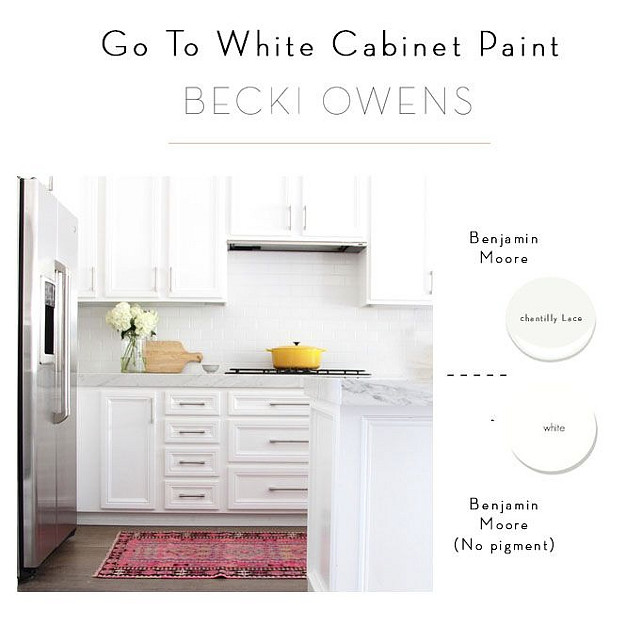 Go To White Cabinet Paint. Interior Designer Recommended White Paint for Cabinets Chantilly Lace by Benjamin Moore. White Paint Color with no Pigment. #BenjaminMooreChantillyLace Best White Cabinet Paint Color with no pigment. #PaintColor #cabinet #WhitePaint Becki Owens.