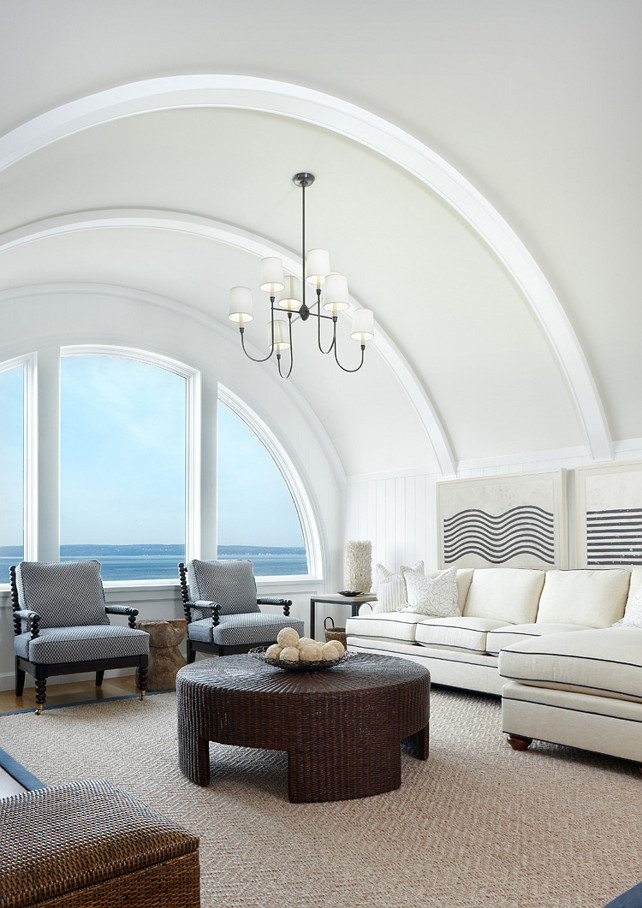 Coastal Family Room Design. Inspiring Coastal decor for living room or family room. Great deaign ideas! Light fixture is the "Large Vendome Chandelier" by Thomas O'Brian". Paint Color: Trim: Benjamin Moore Simply White (OC-117 or 2143-70) Ceiling: Benjamin Moore White Dove OC-17 #CoastalDecor #CoastalHomes #CoastalLivingRoom #CoastalFamilyRoom #CoastalInteriors
