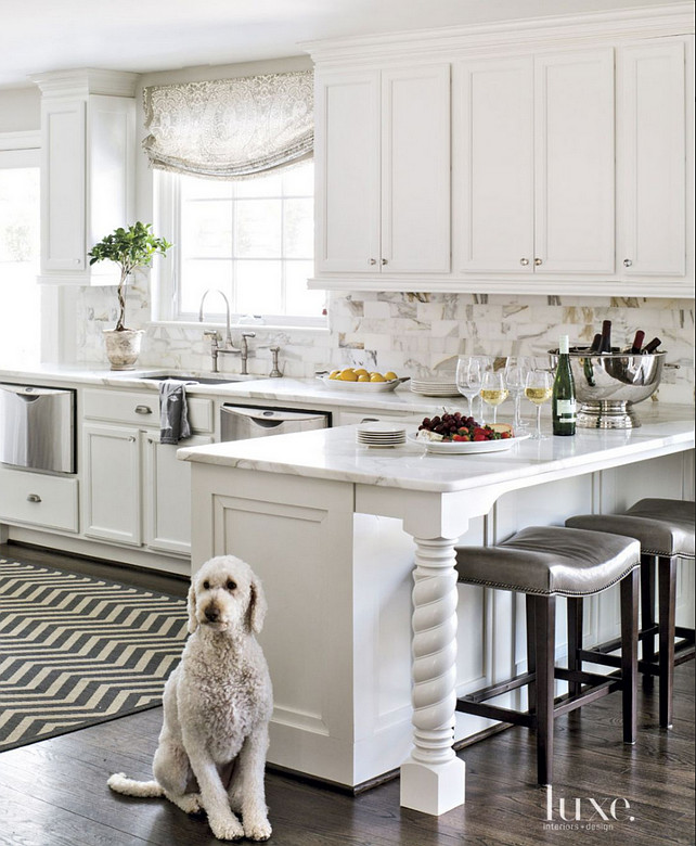 Kitchen peninsula. Kitchen peninsula design. Kitchen peninsula layout. Hickory Chair Madigan counter stools with gray leather seats nestle beneath a refurbished eat-in peninsula. #Kitchen #peninsula Beth Gularson. Helen Norman Photography.