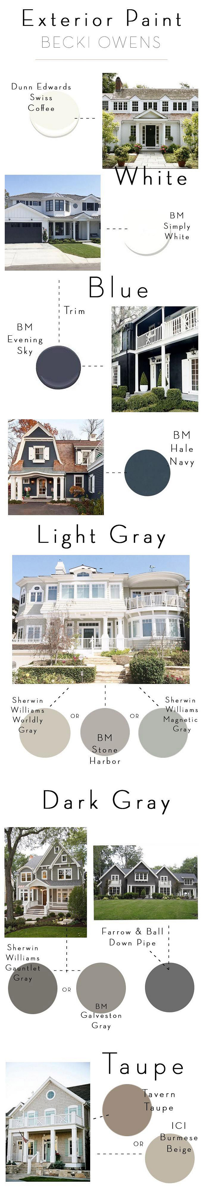 Home Exterior Paint Color Inspiration: White Exterior Paint Color: Swiss Coffee Dunn Edwards. Simply White Benjamin Moore. Blue Exterior Paint Colors: Evening Sky Benjamin Moore. Have Navy Benjamin Moore. Light Gray Exterior Paint Colors: Sherwin Williams Worldly Gray. Benjamin Moore Stone Harbor. Sherwin Williams Magnetic Gray. Dark Gray Home Exterior Paint Colors: Sherwin Williams Gauntlet Gray. Farrow and Ball Down Pipe. Benjamin Moore Galveston Gray. Taupe Exterior Paint Colors: Tavern Taupe SW 7508 Sherwin-Williams. Burmese Beige ICI. #HomeExterior #PaintColor #Exterior #PaintColor #Inspiration Via Becki Owens.