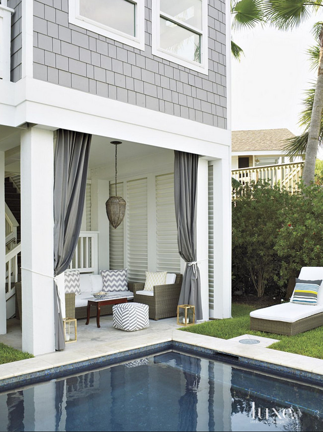 Backyard Ideas. Relaxing Backyard Ideas. A relaxing cabana allows the owners to take in the beautiful vistas. The lounger, chairs and sofa, all from Restoration Hardware, are covered in a Perennials fabric. The vintage table adds interest, as do pillows featuring a chevron pattern. The pool is by Rainey Pool Company. #Backyard Laura C. Singleton. Tria Giovan Photography.