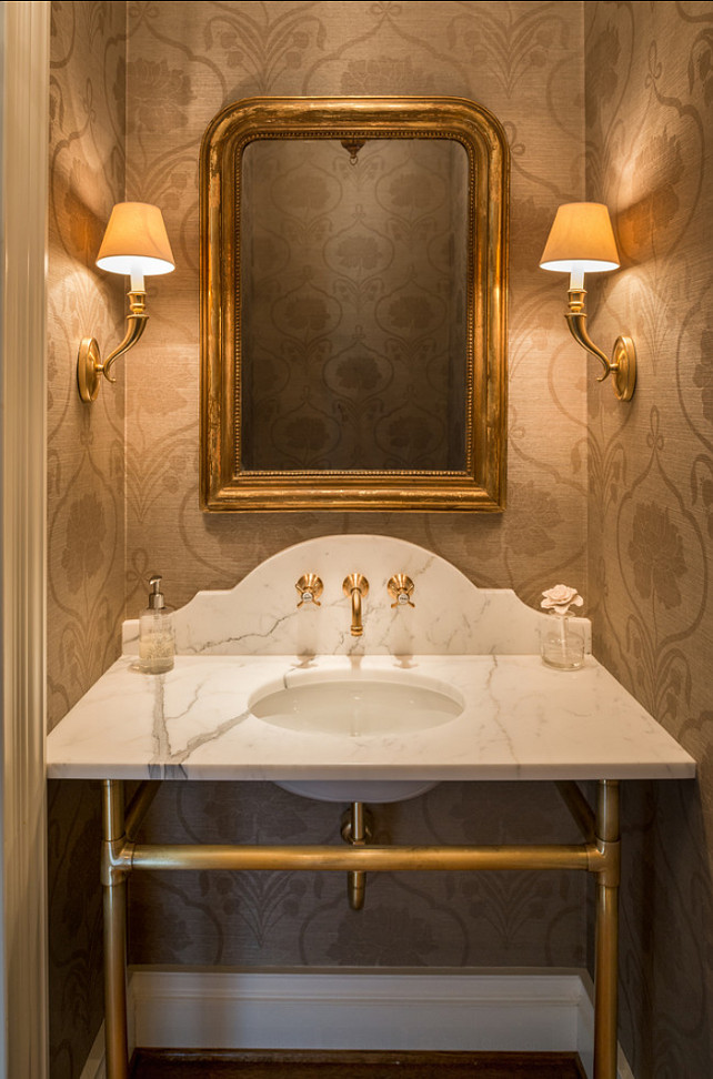 Powder Room Ideas. I love the wallpaper in this powder room. Subtly chic! #PowderRoom #Wallpaper #HomeDecor 