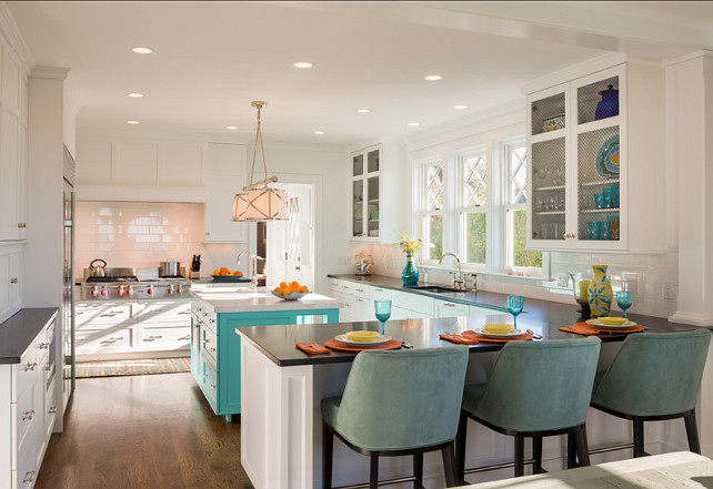 Kitchen. Great kitchen design. Take a look at the cabinets and the island. #Kitchen #KitchenDesign Island Paint Color: Benjamin Moore burbank blue 732