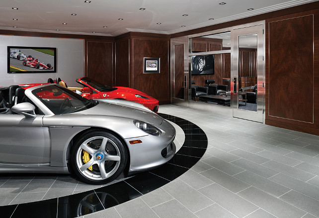 Garage Design Ideas. This is really not your average garage! This is a car collector’s dream garage with 2-car turntable and 5 additional garage spaces. #GarageDesign #Garage