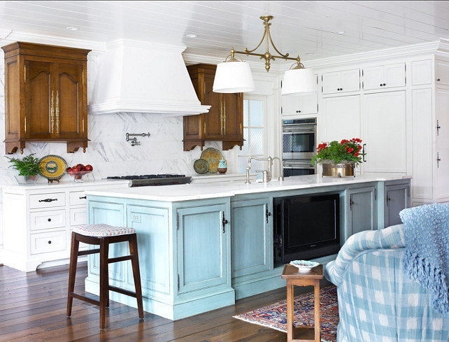 Kitchen with Turquoise Island. The turquoise island is Sherwin Williams SW6226 Languid Blue and the white cabinets are Sherwin Williams SW 6385 Dover White. #Kitchen #Turquoise ##TurquoiseKitchen #PaintColor