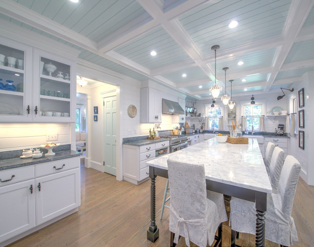 Painted Coffered Ceiling. Kitchen Painted Coffered Ceiling. White kitchen with painted coffered ceiling. Kitchen with Turquoise blue Painted Coffered Ceiling. #PaintedCofferedCeiling #BlueCofferedCeiling #KitchenPaintedCofferedceiling #Kitchen #CofferedCeiling