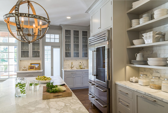 Gray Kitchen Marble. Gray Kitchen Marble Countertop. Gray Kitchen Marble Countertop and Backsplash. Gray Kitchen Marble Countertop and Backsplash is Calacatta d'Oro marble. #CalacattadOro #marble #GrayKitchen #Backsplash #Countertop Heydt Designs. Benjamin Dhong Interiors.