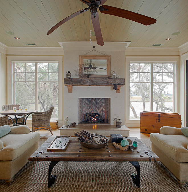 Reclaimed Wood Coffee Table. Reclaimed Wood Coffee Table Living room Ideas. Neutral living room with Reclaimed Wood Coffee Table, reclaimed wood fireplace and a sisal rug completes the neutral look. #ReclaimedWood #CoffeeTable Interiors by Gregory Vaughan, Kelley Designs, Inc. Photos by Atlantic Archives, Inc. 