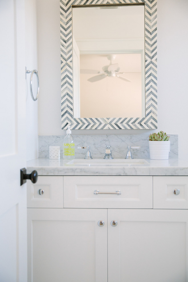 Parsons Wall Mirror - Gray Herringbone. West Elm Parsons Wall Mirror - Gray Herringbone. Bathroom with Parsons Wall Mirror - Gray Herringbone. #ParsonsWallMirror #GrayHerringbone #WestElm #Bathroom Rita Chan Interiors. 