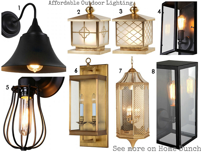 Affordable Outdoor Lighting. 1: Vintage Industrial Style Bell Shape Shade Wall Sconce. $96 2: Modern Style Brass Finish Glass Shade Chapiter Post Light. $283 3: Modern Style Brass Finish Chapiter Post Light with Geometric Patterns. $283 4: Vintage Industrial Style Iron Framed Glass Shade Wall Sconce. $75 5: Vintage Industrial Style Iron Grapefruit-like Shade Wall Sconce. $36 6: 2 Candle Lights Brass and Glass Wall Sconce with Box Shape. $531 7: Modern Brass Copper Pendant Light with Double Shade. $656 7: Vintage Industrial Style Black Iron Cage Shade Wall Sconce. $107