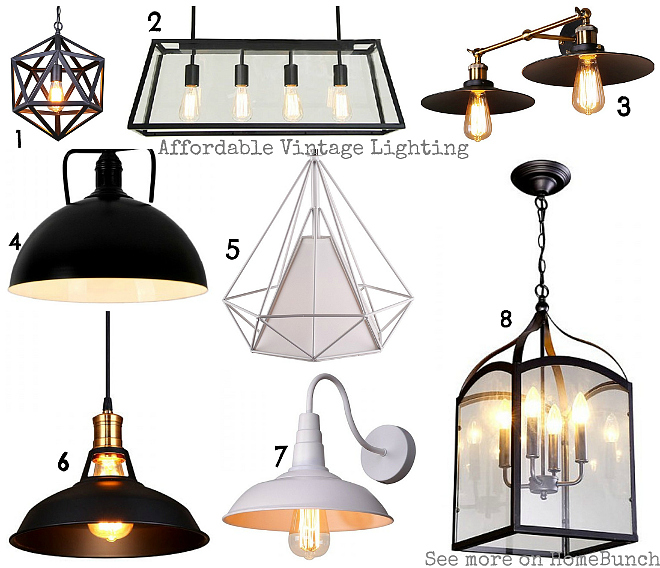 Affordable Vintage Lighting. 1: Vintage Industrial Style Matte Black Iron Cage Pendant Light. $167 2: Linear Chandelier: 4 Lights Vintage Industrial Style Pendant Light with Metal Framed Glass Box. $366 3: 8.27" Two Lights Vintage Industrial Style Umbrella Shade Wall Sconce. $44 4: Rustic Industrial Style Pendant Light with Black Dome Shade: $60 5: Creative Diamond Shape Shade Pendant Light with Two Colors Available. $58 6: Retro Industrial Style Black Pot Cover Shape Pendant Light. $35 7: Large Size Retro Industrial Style White Pot Cover Shape Wall Sconce. $41 8: Four Lights Rustic Style Pendant Light with Cuboids Glass Shade. $129