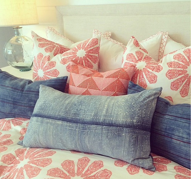 Bedroom Pillow Ideas. Beautiful bedroom pillow combination. Pillows are John Robshaw and vintage. Rita Chan Interiors.