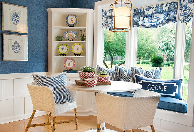 Blue and white breakfast Nook. Blue and white breakfast Nook with bay windows. #Blueandwhite #breakfastNook Troy Spurlin Interiors.