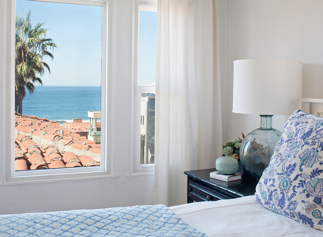Blue, white and turquoise bedroom with ocean view. #Blue #White #Turquoise #Bedroom Rita Chan Interiors.
