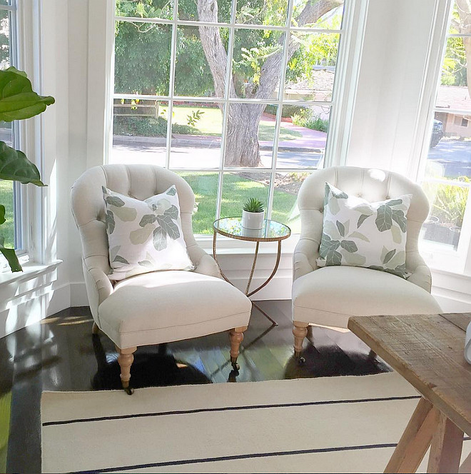 Chair and pillow ideas. Chair and pillow combination. Chairs are by Serena and Lily and the fiddle leaf pillows are Studio McGee. Rug is by Jaipur. Rita Chan Interiors Instagram Photo.