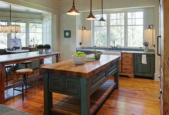 Farmhouse Kitchen Island. Farmhouse table style kitchen island with butchers block countertop. #Farmhouse #KItchen #Island #KitchenIsland Interiors by Gregory Vaughan, Kelley Designs, Inc. Photos by Atlantic Archives, Inc. 