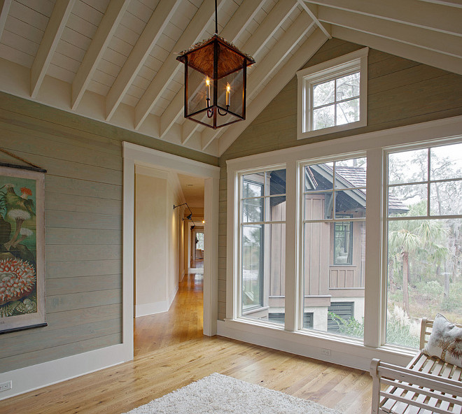 Gray Shiplap Wall Paneling. Graywash Shiplap Wall Paneling Ideas. According to the designer, the shiplap walls were painted in Benjamin Moore Bone White. Johnny Ruxton, a local faux painter and artist, applied an antiquing glaze over them to add some gray and brown tint to it. Foyer with Gray wash Shiplap Wall Paneling. #Graywash #Shiplap #Wall #Paneling #Foyer Wayne Windham Architect, P.A. Interiors by Gregory Vaughan, Kelley Designs, Inc. Photos by Atlantic Archives, Inc. 