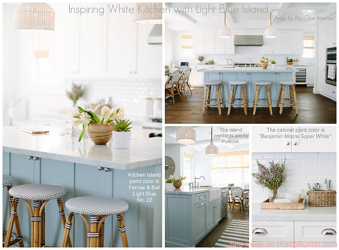 Inspiring White Kitchen with Light Blue Island. The combination of soft colors and timeless elements create a calm and inviting feel in this kitchen. Designed by Rita Chan Interiors.