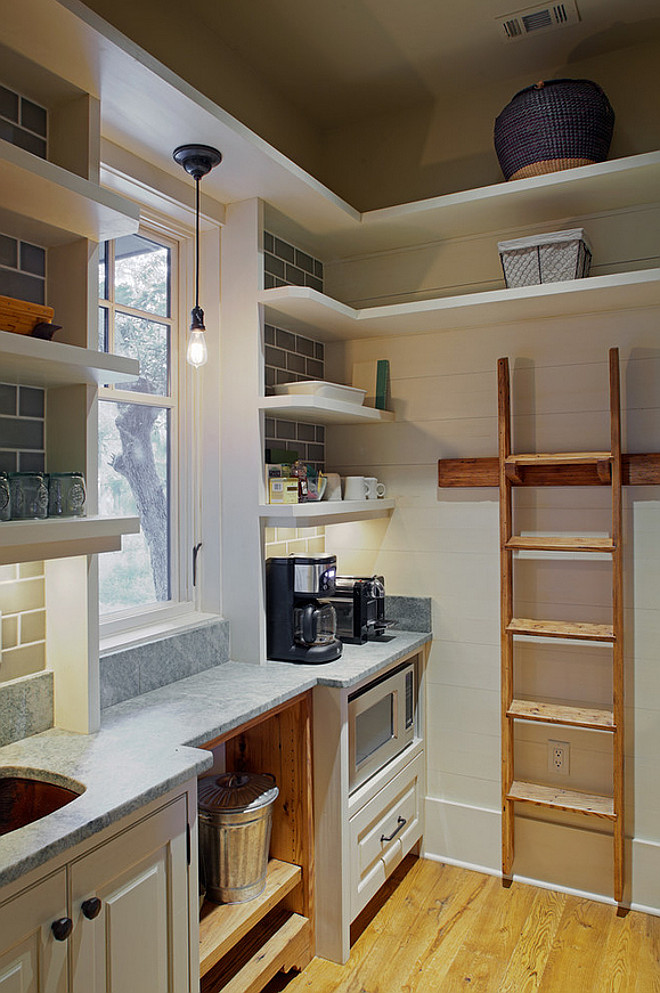 Kitchen Pantry. Kitchen Pantry Ideas. Kitchen Pantry with sink, cabinets, open shelves and ladder. This kitchen pantry also features subway tile backsplash and shiplap walls. This cozy yet very practical kitchen pantry has everything any homeowner could wish for! Backsplash is Traditions in Tile and Stone ceramic tiles in Sienna Sage Tagina from Savannah Hardscapes. #Kitchen #Pantry Interiors by Gregory Vaughan, Kelley Designs, Inc. Photos by Atlantic Archives, Inc. 