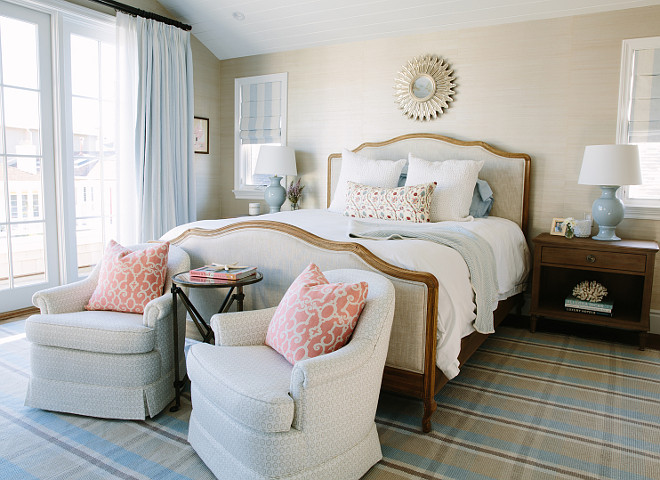 Master Bedroom. Coastal Bedroom with Restoration Hardware Bed. Dash and Albert Rug. Raoul Textiles. Rita Chan Interiors.