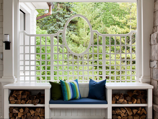 Porch Built in Bench by fireplace. Wade Weissmann Architecture. David Bader Photography.