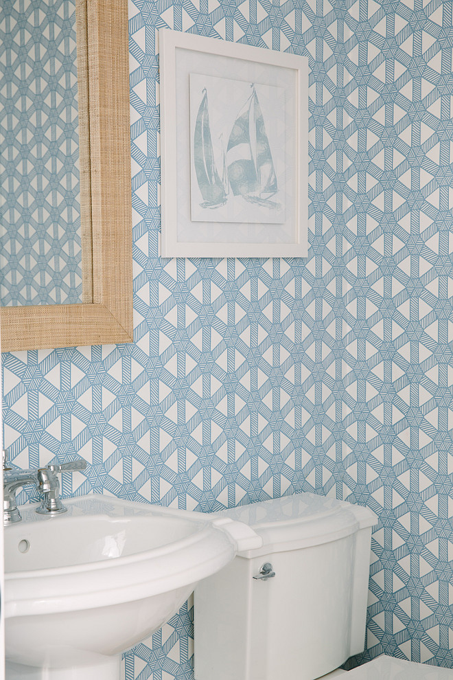 Powder Room Wallpaper. Powder Room with Blue wallpaper. Wallpaper is Sasa Robins Egg on White by Meg Braff Designs. #powderroom #wallpaper #bluewallpaper Rita Chan Interiors.