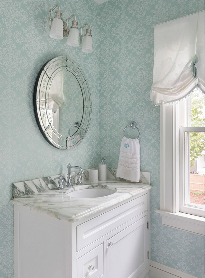 Turquoise Wallpaper. Powder room with light turquoise wallpaper. The light turquoise wallpaper is a York wallpaper. #Wallpaper #Turquoise Davitt Design Build, Inc. Nat Rea Photography.