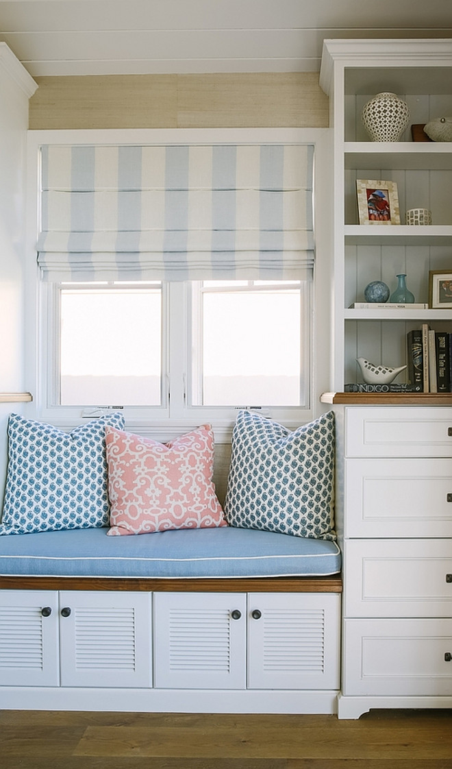 Window seat bookcase. Beach house Window seat bookcase ideas. #Windowseat #bookcase #beachhouse Rita Chan Interiors.