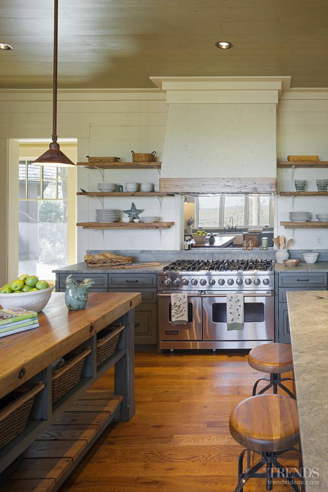 Rustic Kitchen Hood. Rustic Kitchen Hood Design. John Zook from Wood Creations, Inc., built the gorgeous cabinets and the rustic-looking open shelves. They add so much to this kitchen. Range is Viking. Picture via Kitchen TRENDS. Interiors by Gregory Vaughan, Kelley Designs, Inc. Photos by Atlantic Archives, Inc. 