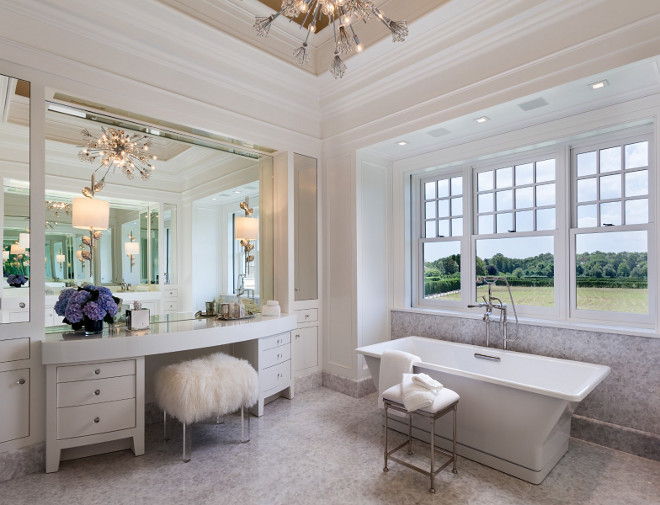 Master Bathroom. Elengant all white master bathroom with exotic light gray stone flooring. This is the ultimate master bathroom. #MasterBathroom #ElegantBathroom #Luxury #Interiors #exoticStone #Flooring #Allwhite Sotheby's Homes.