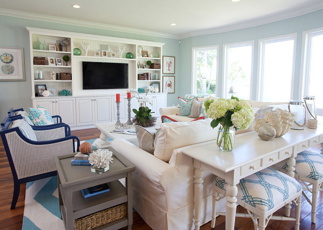 Coastal Paint Color. Coastal Interior Paint Color. Coastal Home Paint Color Ideas. Coastal Paint Colors. The coastal paint color used in this room is Salt Water from Frazee 8591W. #Coastal #PaintColor AGK Design Studio.