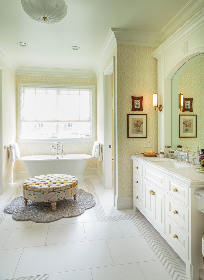 Bathroom. Traditional Bathroom. Traditional Bathroom with Wallpaper. Traditional Bathroom with wallpaper and ottoman by freestanding bath. #Traditional #Bathroom
