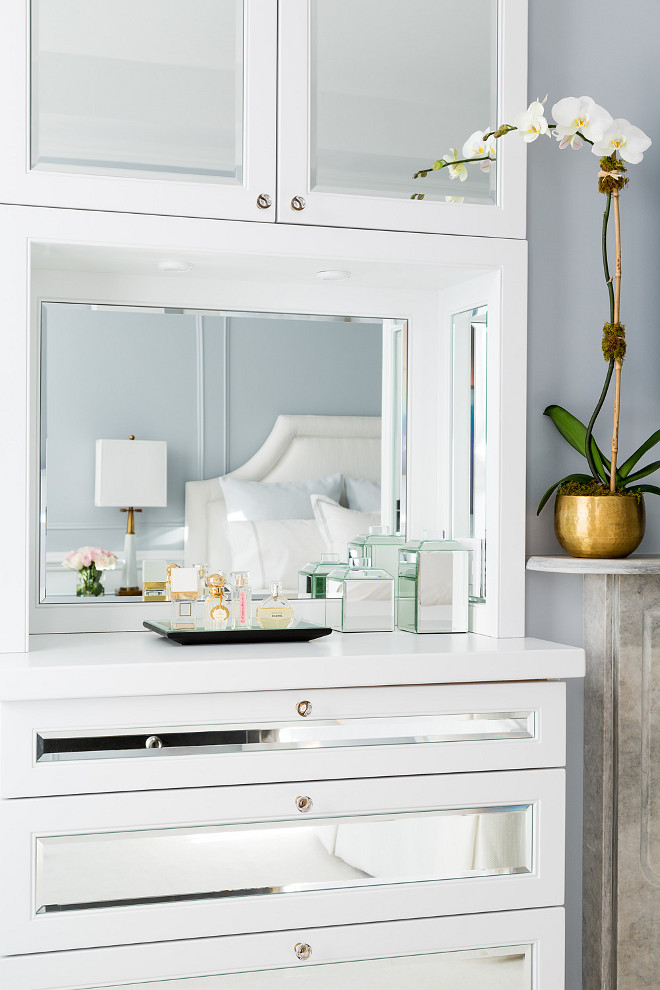 Bedroom Built in Cabinet. Custom built-ins with beveled mirrors in the master bedroom. Chango & Co. Photo by Ball & Albanese.