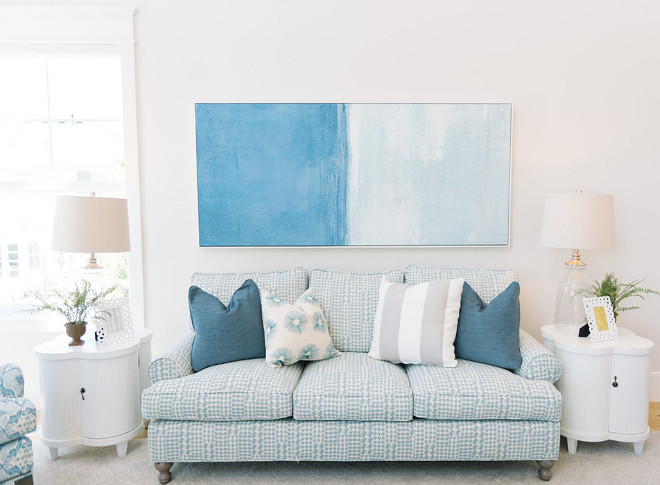 Blue and white sofa fabric ideas. Beach house with blue and white sofa - fabric. Four Chairs Furniture.