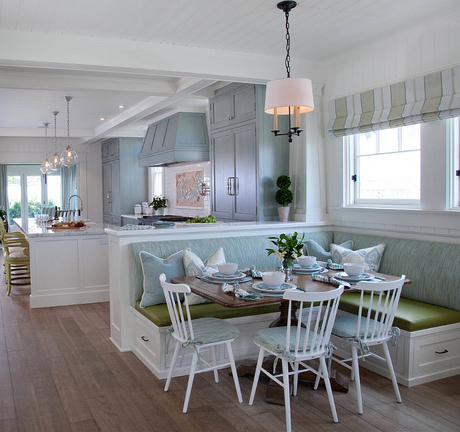 Built in banquette. Open kitchen with built in banquette. L shaped built in banquette in breakfast room. #builtinbanquette #banquette #breakfastroom #Lshapebanquette Kim Grant Design Inc.