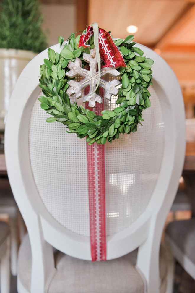 Christmas Dining Chair Decor Ideas. Dining chair decorated with wreath and Christmas ornaments. #Christmas #Chair #DiningChair #ornaments #wreath Gatehouse No.1.