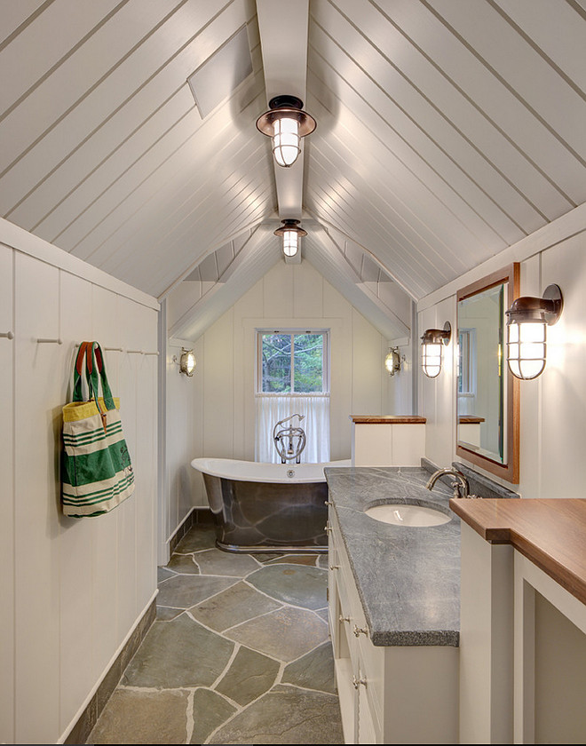 Cottage Bathroom with Blue Stone Paver Flooring. #BlueStonePavers #Flooring Colby Construction.