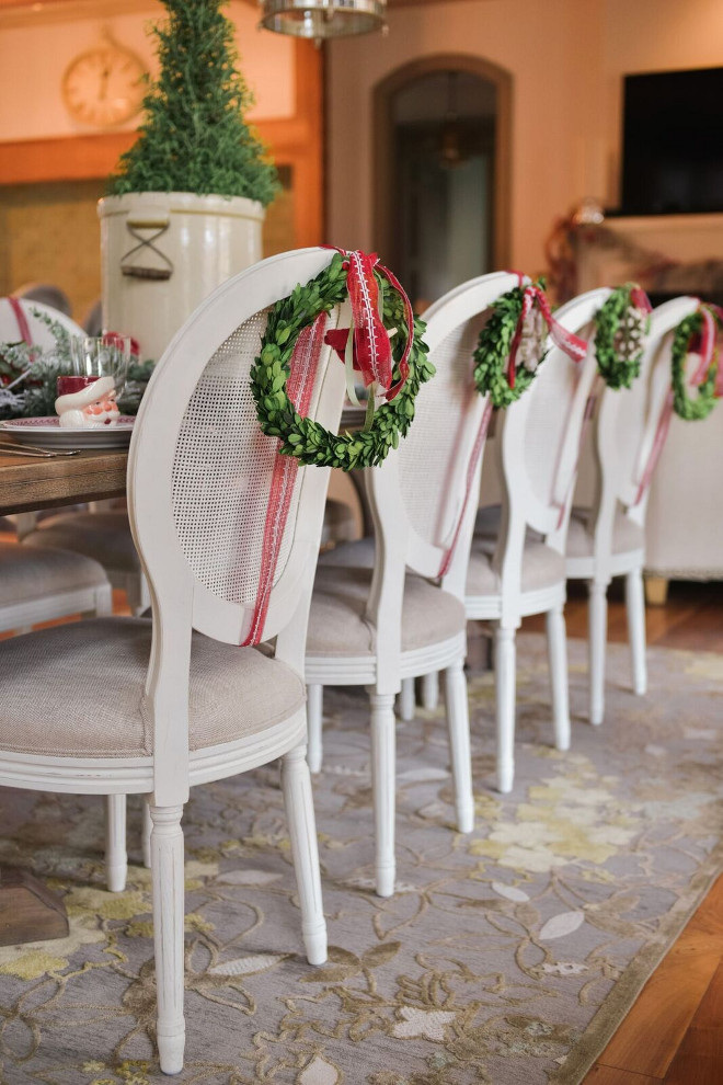 Dining Chair Wreath. Dining Chair Wreath Ideas. Mini wreaths on the back of dining chairs. #DiningChair #Wreath Gatehouse No.1.