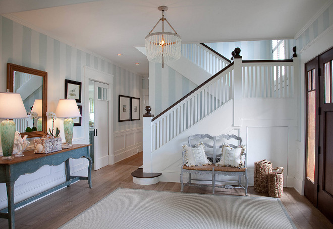 Foyer Striped Wall Paint Color. Foyer Striped Wall Paint Color Ideas. Foyer Striped Wall Paint Color. The chandelier is Serena and Lily. #Foyer #StripedWalls #PaintColor #CoastalPaintcolor